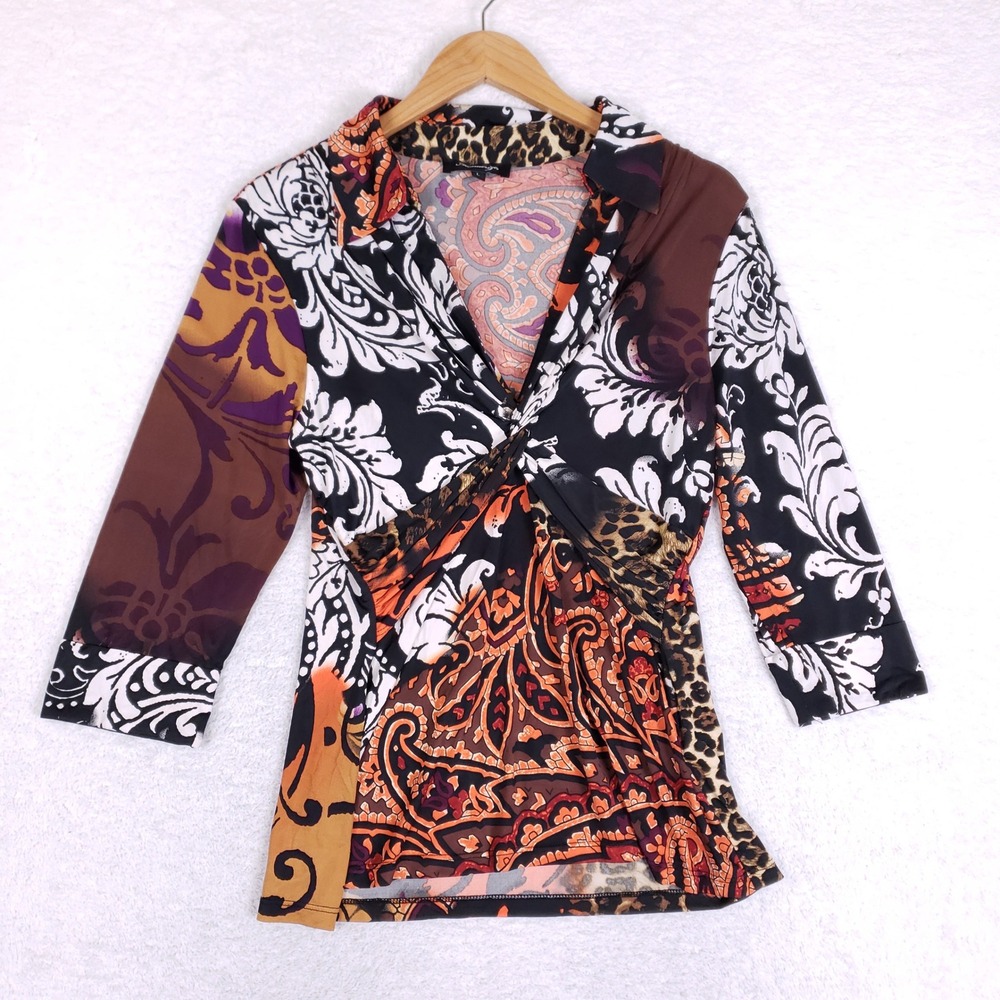 Mesmerize Top Womens Large Blouse Y2K Mixed Patchwork Paisley Leopard Crossover